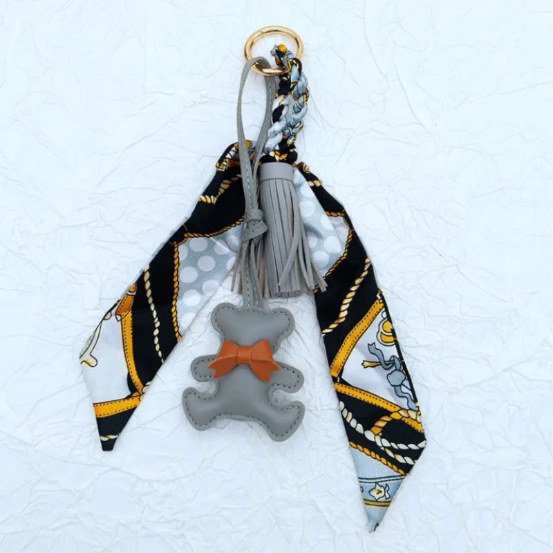 Bear Pendant Bag Charm with Korean Silk Scarf – Women's Bag Accessory & Gift