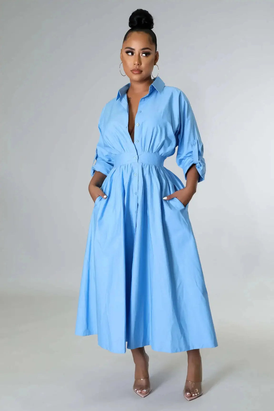 AJ4383 Women's Fashionable Micro-Popping Shirt Dress Loose-Fit Long Sleeve Long Dress European And American Style