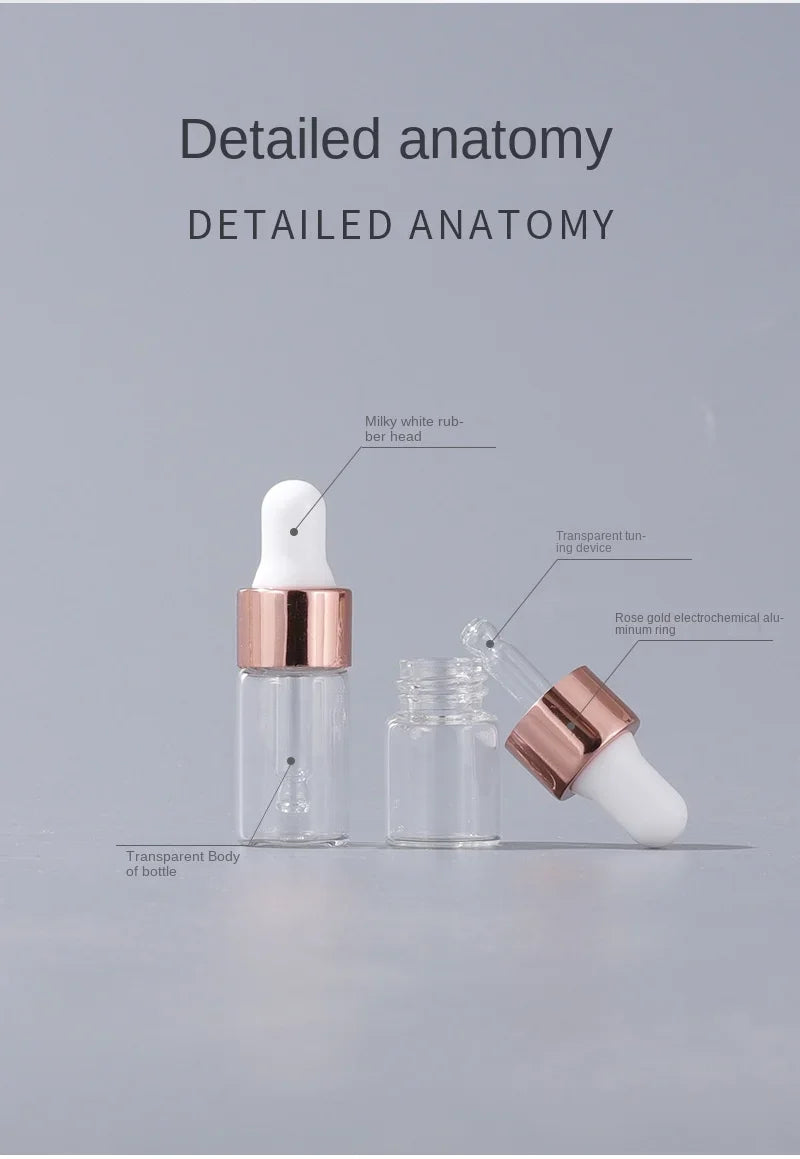 10/20pcs Mini Dropper Bottles Glass Empty Essential Oil Aromatherapy Bottles Rose Gold Cap Pipettes Bottles 1ml 2ml 3ml 5ml