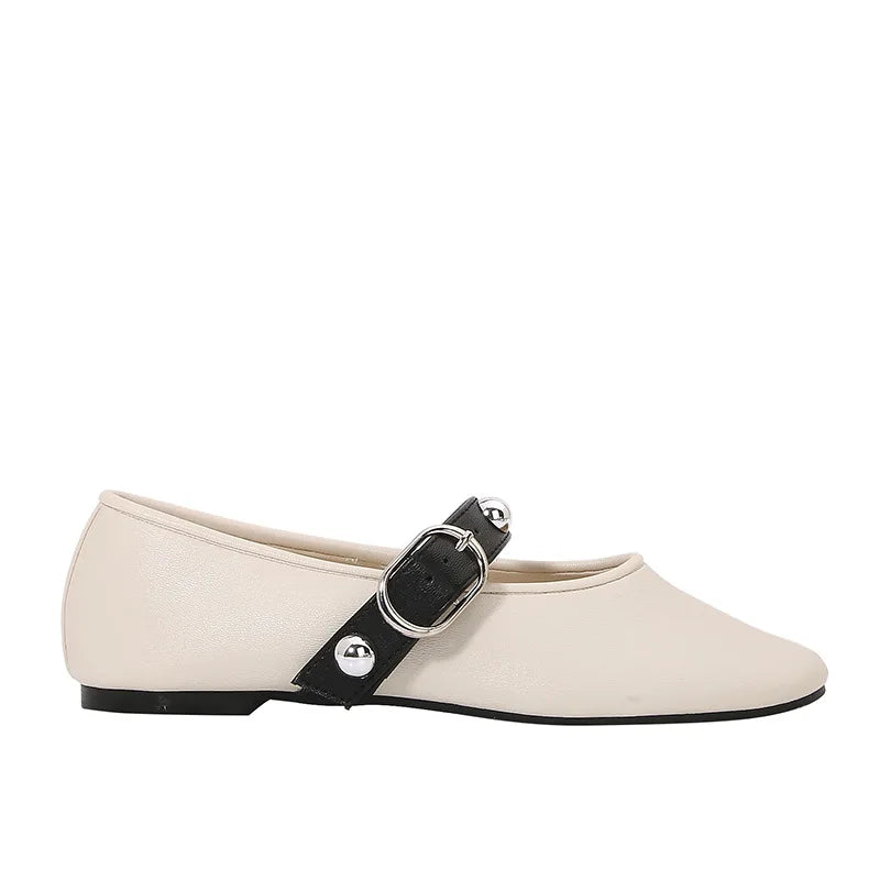 Ballet Flats for Ladies 2025 Spring Rivet Design Buckle Strap Soft Leather Women Footwear Light Comfortable Leisure Female Shoes