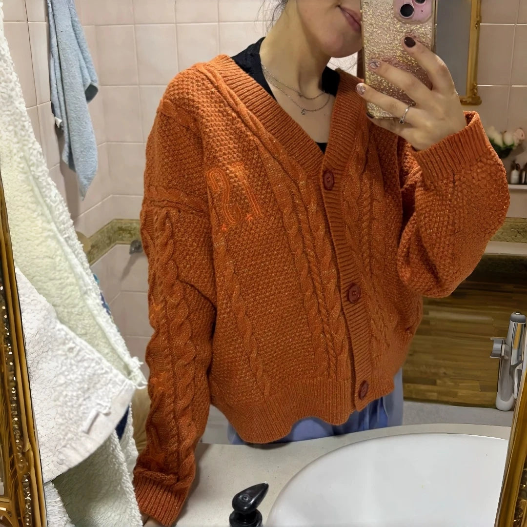Winter Women Glittery Chunky Knit Sweater with Star Embroidery Orange Cardigans Spring Woman Y2k Gold Thread Show-girl Cardigans