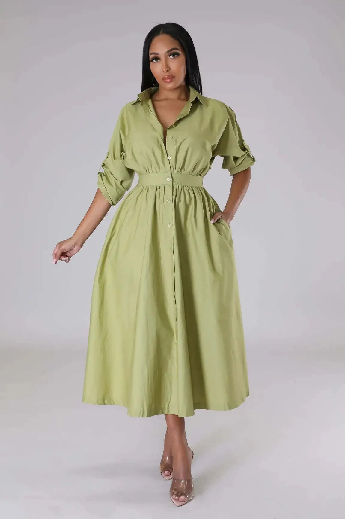 AJ4383 Women's Fashionable Micro-Popping Shirt Dress Loose-Fit Long Sleeve Long Dress European And American Style