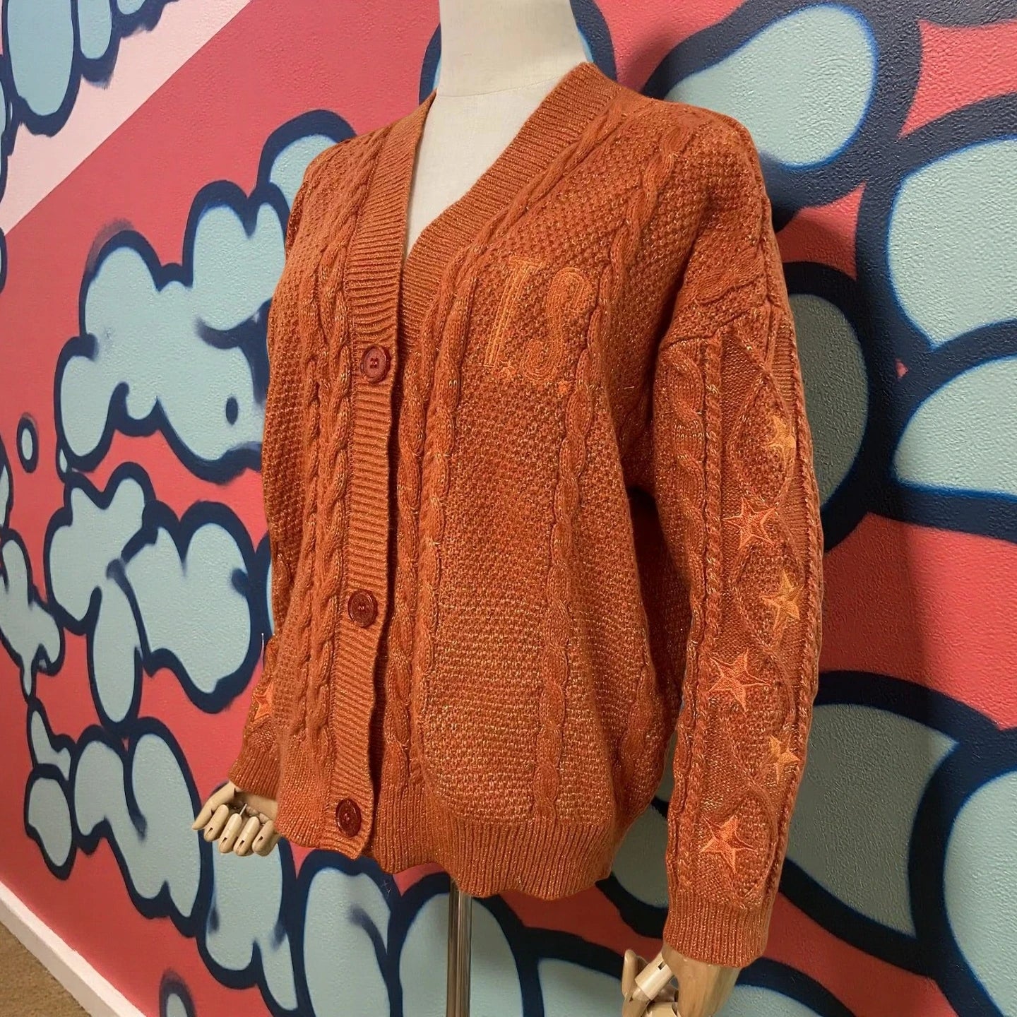 Winter Women Glittery Chunky Knit Sweater with Star Embroidery Orange Cardigans Spring Woman Y2k Gold Thread Show-girl Cardigans