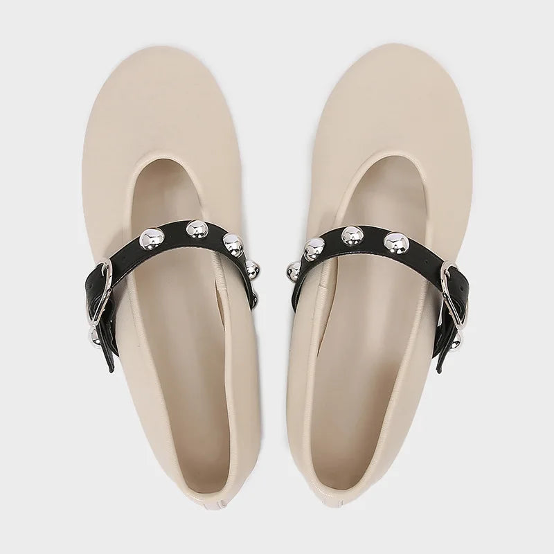 Ballet Flats for Ladies 2025 Spring Rivet Design Buckle Strap Soft Leather Women Footwear Light Comfortable Leisure Female Shoes